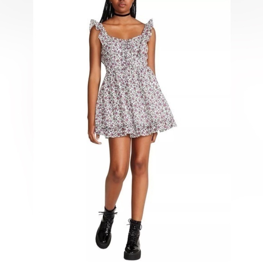 💕 Betsey Johnson Flirty Pink Purple Floral Tie Sundress, Ruffles & Grommets, 12